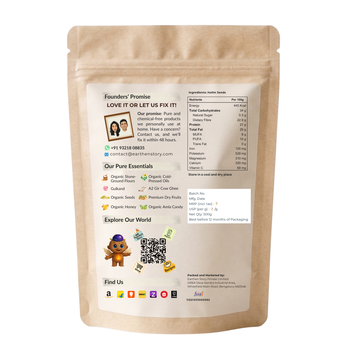 Earthen Story Halim Seeds 500g back label with nutrition and product details