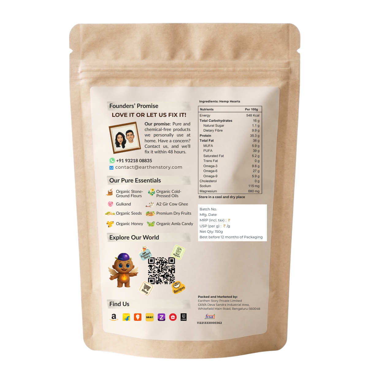 Earthen Story Hemp Hearts 150g back label with nutrition and product details