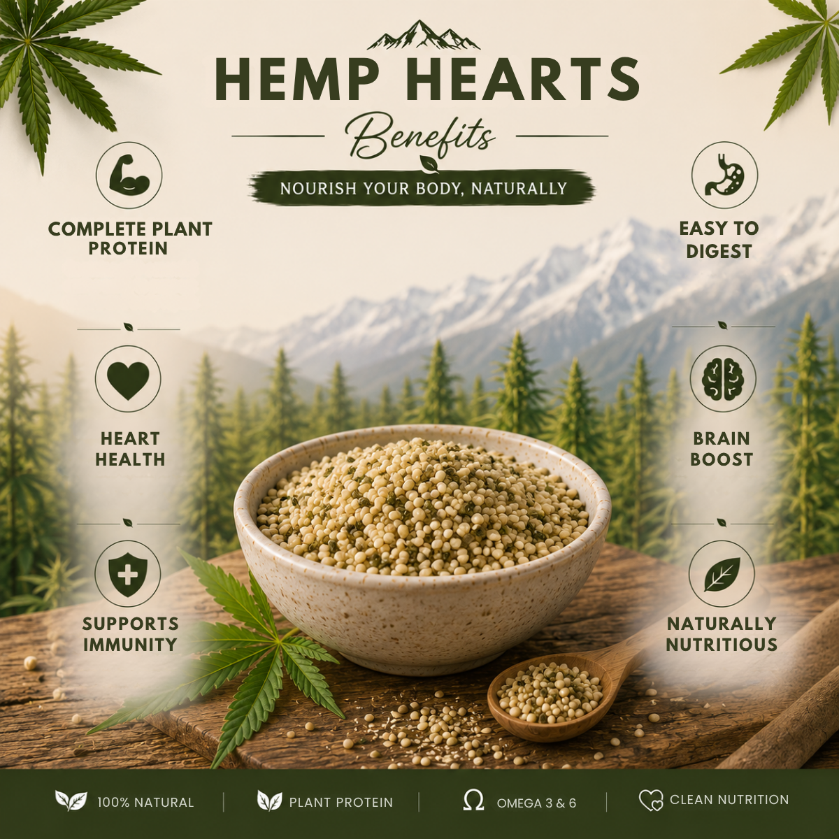 Hemp hearts benefits showing plant protein omega fats digestion immunity and clean nutrition