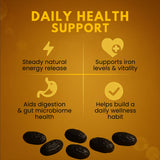 Kalmi Dates daily health support benefits including steady energy, iron support, digestion aid, and wellness habit building