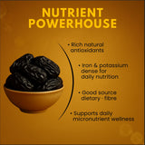 Nutrient powerhouse infographic for Kalmi Dates showing antioxidants, iron, potassium, dietary fiber and micronutrient benefits