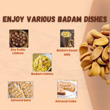 Various badam (almond) dishes including ladoos, halwa, badam kesar milk, almond bars, and almond cake with fresh almonds displayed