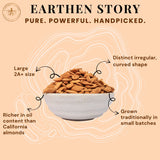Earthen Story Mamra almonds product infographic showing large 2A+ size nuts with distinctive curved shape, highlighting purity and traditional cultivation