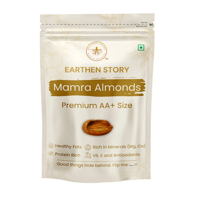 Earthen Story Mamma Almonds Premium AA+ Size front packaging pouch showing product image and features