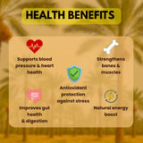 Health benefits infographic for Earthen Story Medjool Dates highlighting heart health, bone strength, digestion, and energy
