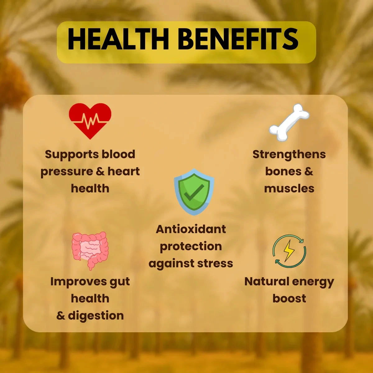 Health benefits infographic for Earthen Story Medjool Dates highlighting heart health, bone strength, digestion, and energy