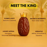 Medjool dates product benefits banner highlighting plump texture, nutrient richness, luxury appeal, and versatile culinary uses