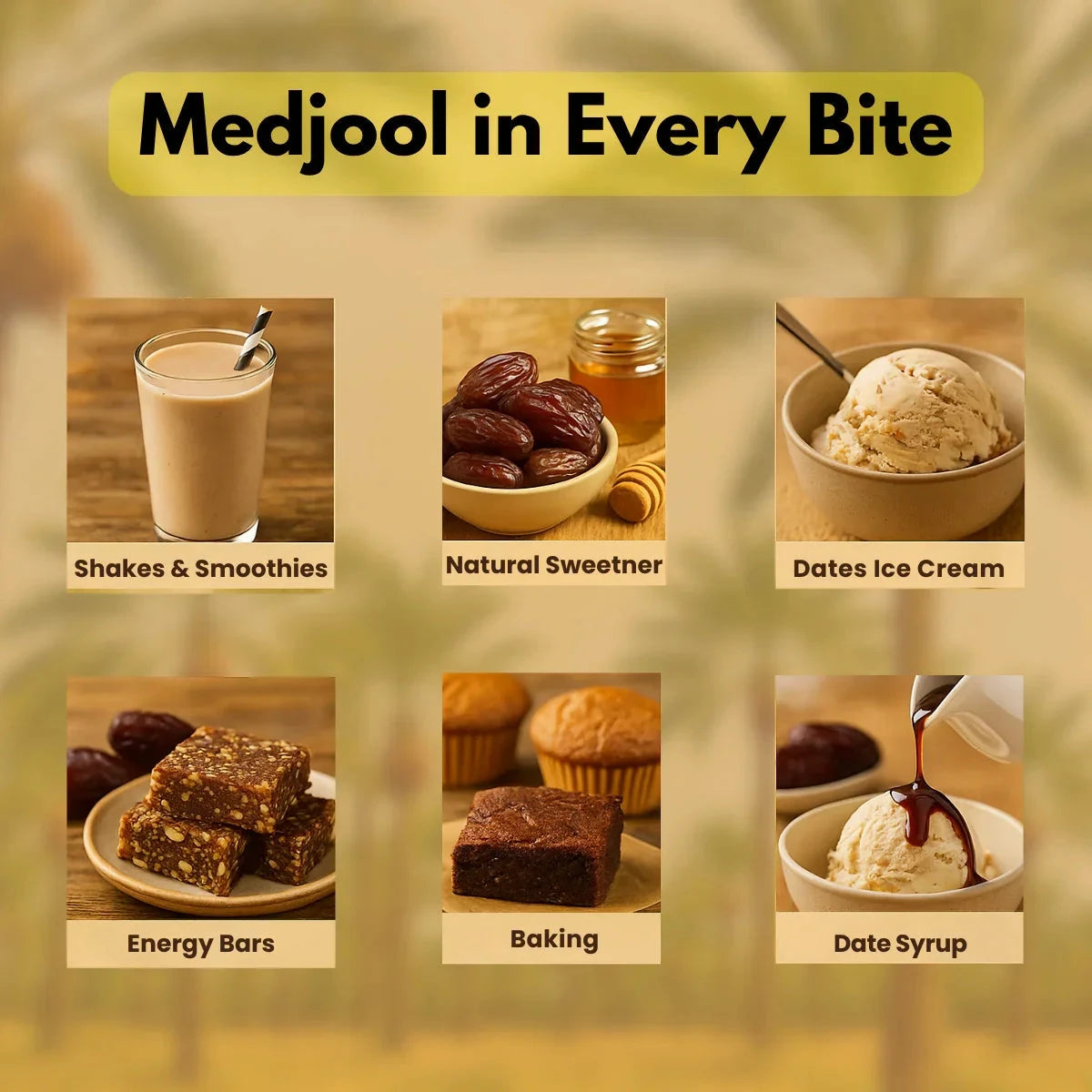 Medjool dates product uses infographic showing shakes, ice cream, energy bars, baking recipes and syrup applications