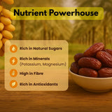 Medjool dates nutrient powerhouse infographic showing natural sugars, minerals, fiber, and antioxidants