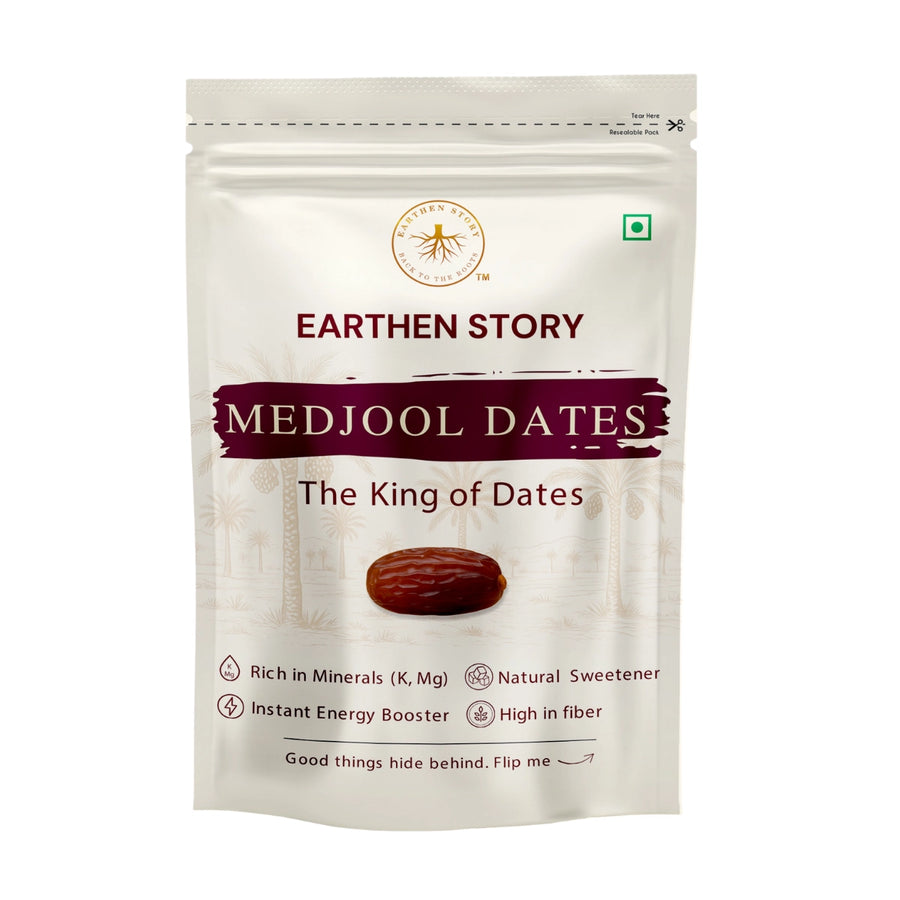 Earthen Story Medjool Dates packaging front - The King of Dates in resealable pouch