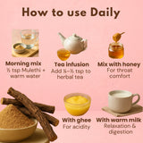 Mulethi powder daily usage guide showing 6 preparation methods including morning mix, tea infusion, honey blend, ghee, and warm milk options