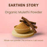 Earthen Story Organic Mulethi Powder - whole root powder in ceramic bowl with dried mulethi roots on pink background