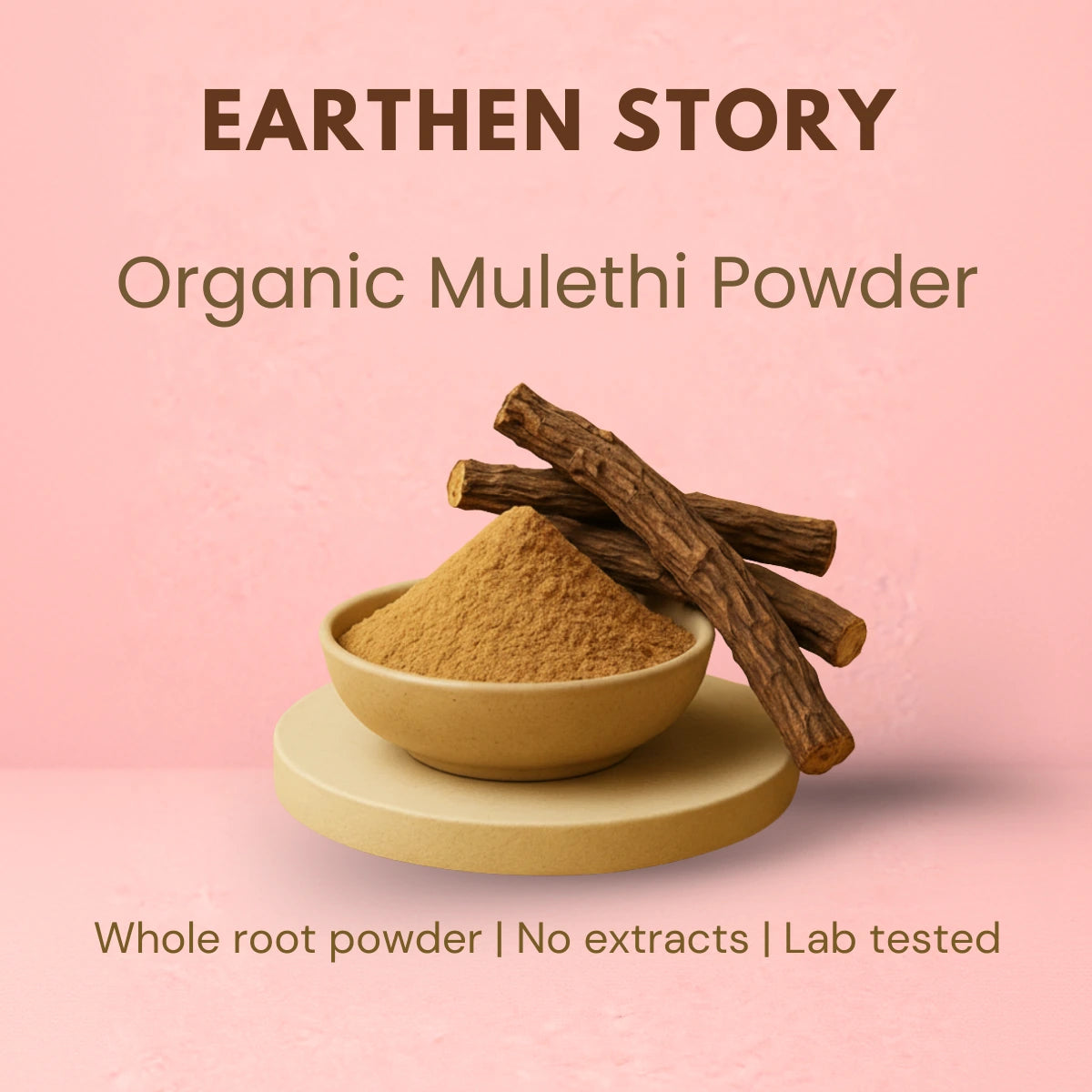 Earthen Story Organic Mulethi Powder - whole root powder in ceramic bowl with dried mulethi roots on pink background
