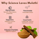 Mulethi powder with dried sticks showing key ingredients: Glycyrrhizin, Flavonoids, Saponins, Coumarin, and Polysaccharides
