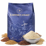 Earthen Story organic multigrain atta flour pack with whole grains and bowl of flour displayed