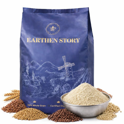 Earthen Story organic multigrain atta flour pack with whole grains and bowl of flour displayed