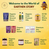 Earthen Story organic food products collection including flours, oils, seeds, ghee, honey, and dry fruits
