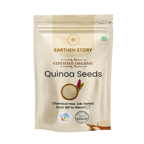 Earthen Story Certified Organic Quinoa Seeds in resealable kraft pouch with product image