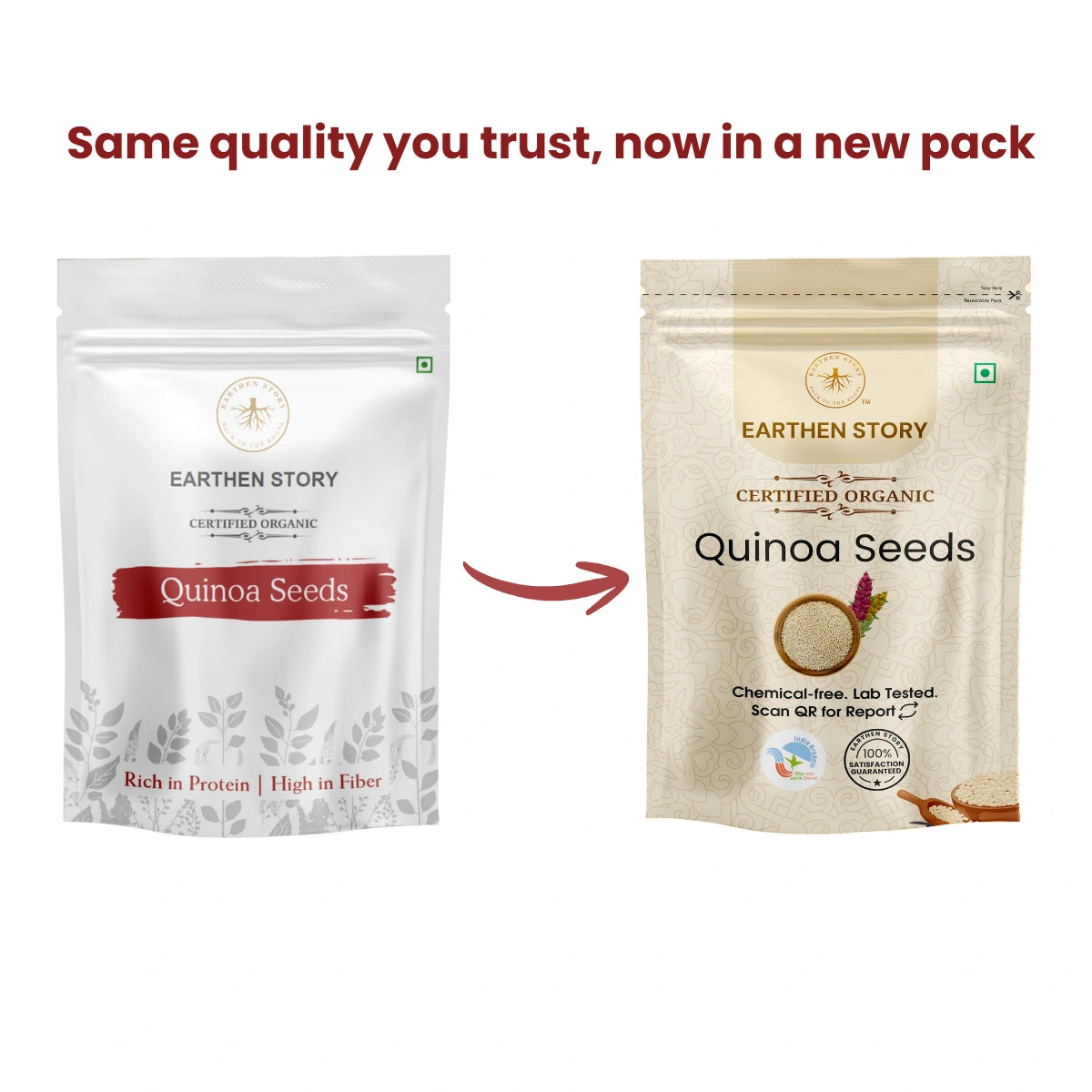 Earthen Story certified organic quinoa seeds in new kraft pouch packaging design with QR code and quality certifications