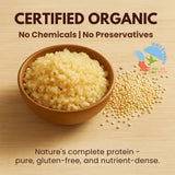 Certified organic quinoa in wooden bowl with raw seeds, highlighting no chemicals, no preservatives, and complete protein benefits