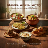Organic quinoa prepared in various dishes including salads, pancakes, bowls, and baked goods on wooden table