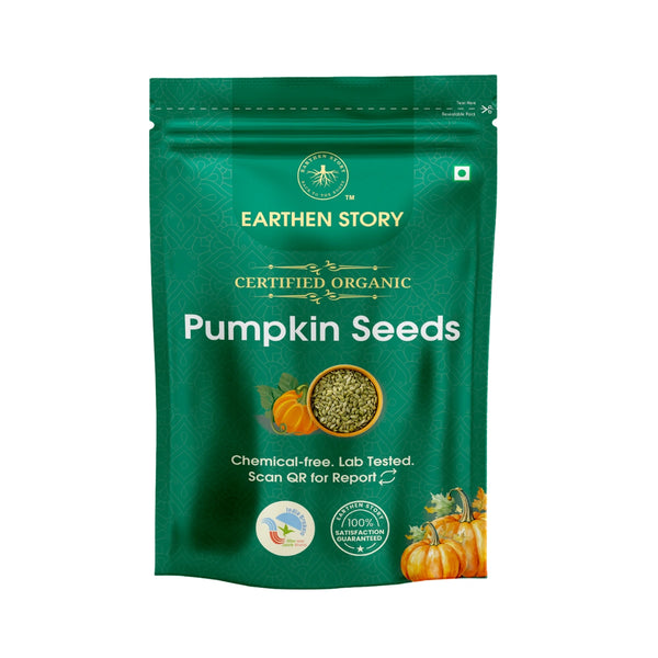 Earthen Story Certified Organic Pumpkin Seeds in resealable green pouch with product image