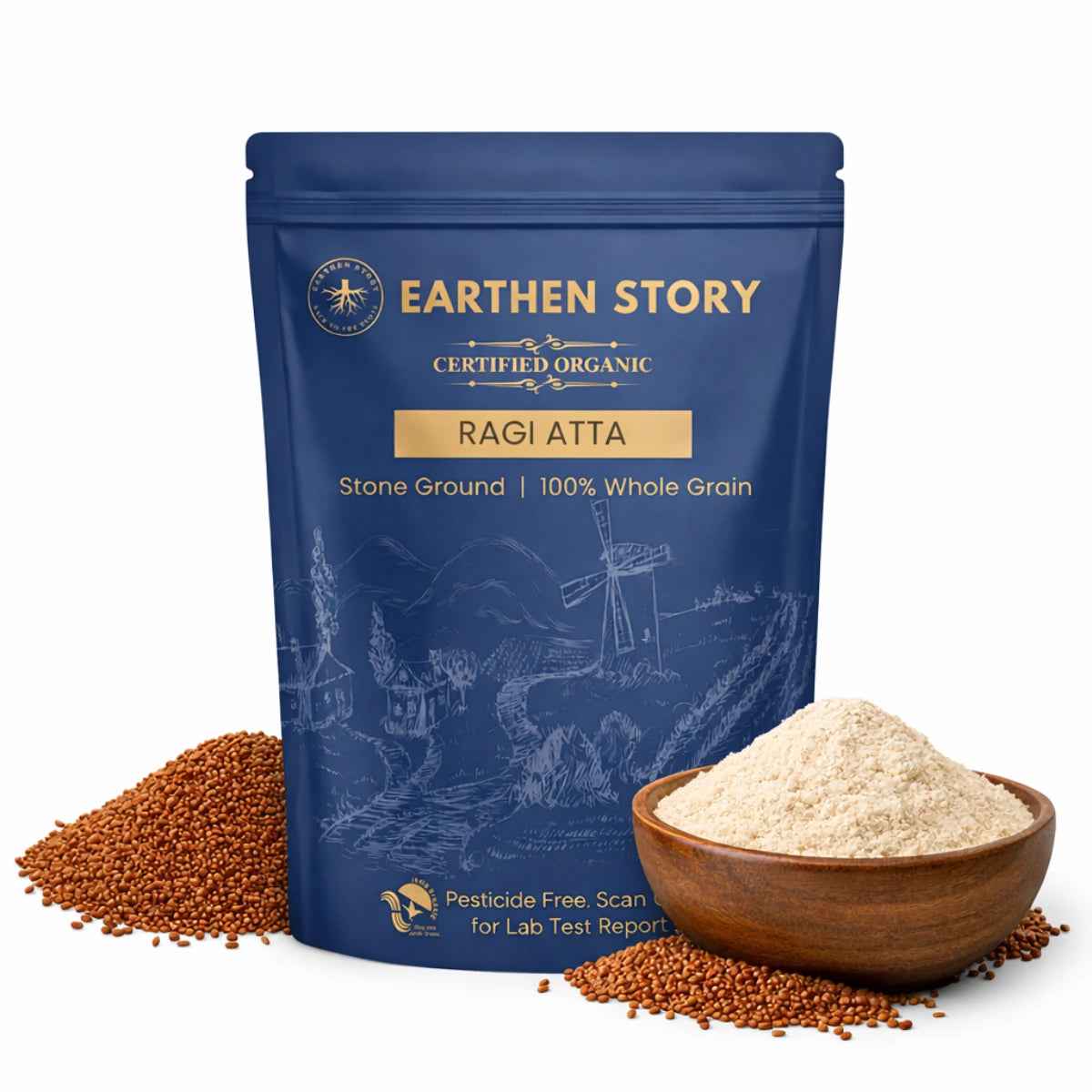 Earthen Story certified organic stone ground ragi atta whole grain flour in blue doypack pouch with raw and ground product display