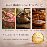 Rose Water steam distilled from fresh petals with no dilution or shortcuts