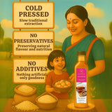 Mother and child in kitchen with Earthen Story cold pressed sesame oil bottle and sesame seeds in traditional bowls