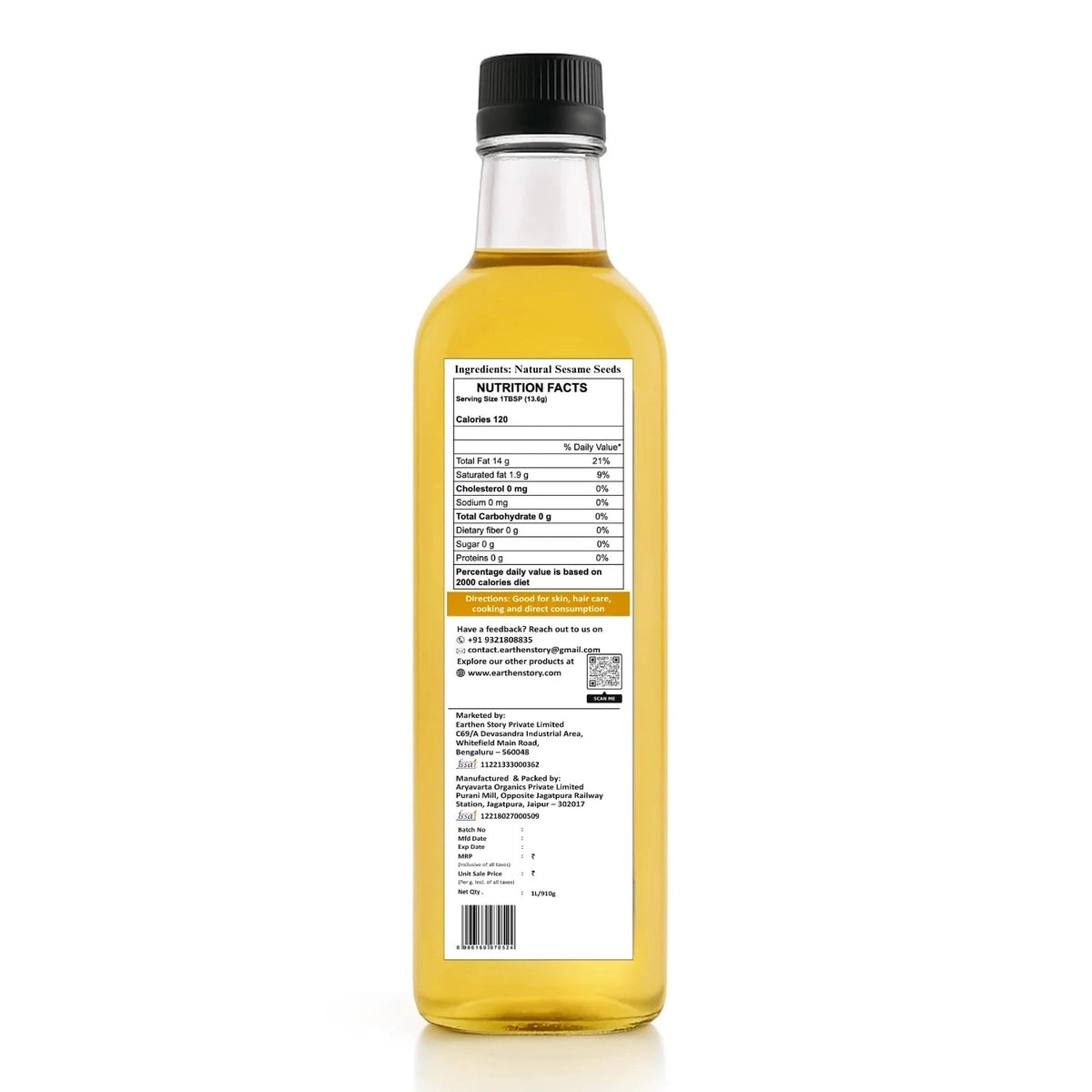 Earthen Story Cold Pressed Sesame Oil bottle back label showing nutrition facts, ingredients, and product information