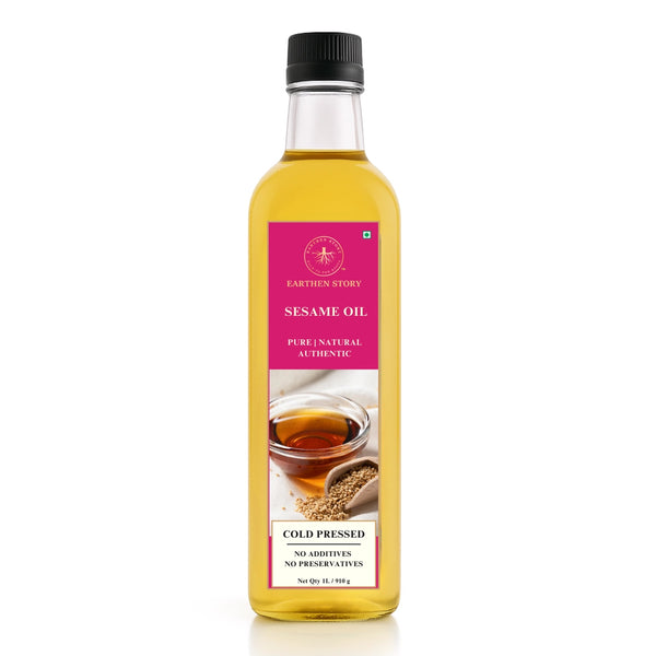 Earthen Story cold pressed sesame oil in a glass bottle with pink label, 1L size