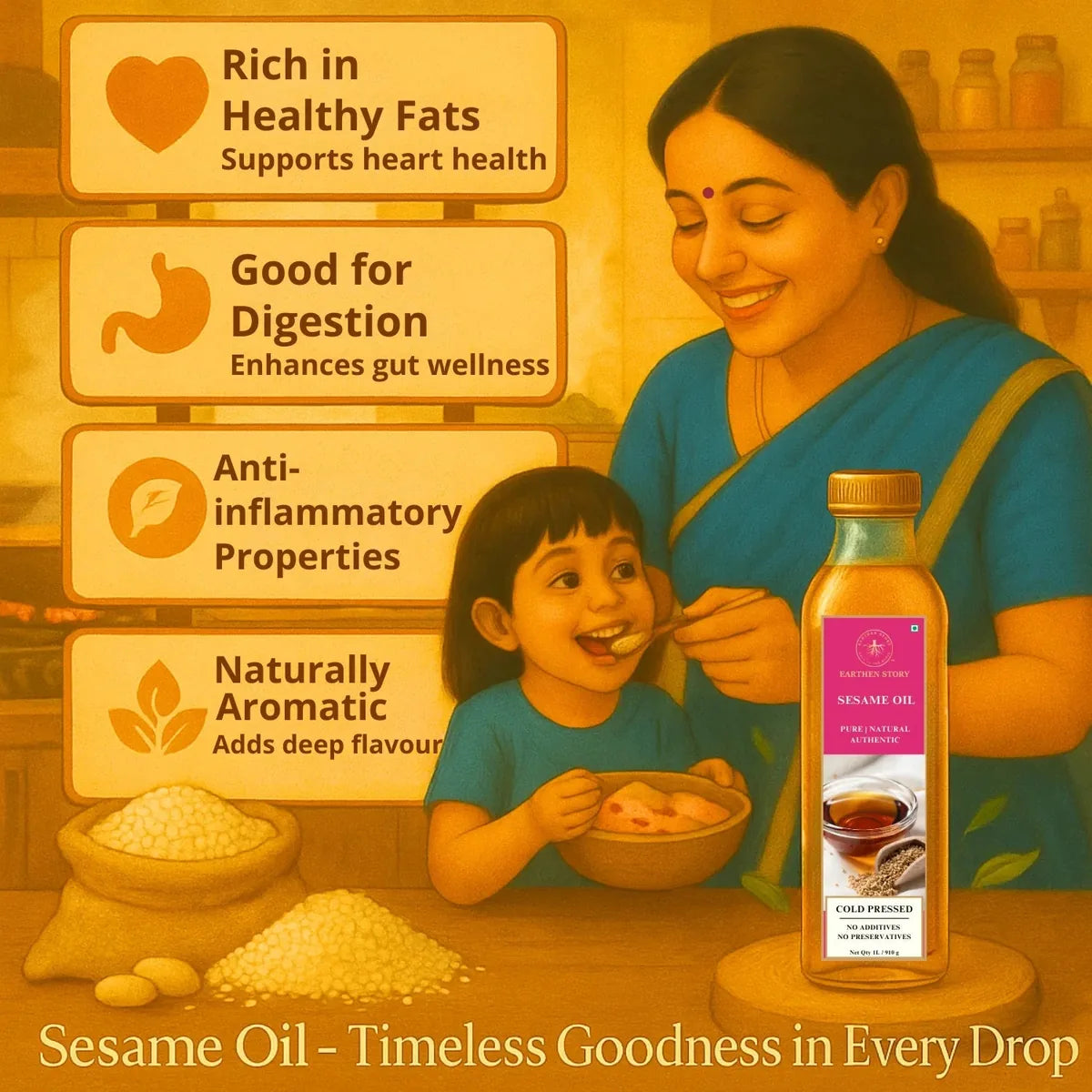 Earthen Story sesame oil infographic showing health benefits including heart health support, digestion enhancement, and anti-inflammatory properties