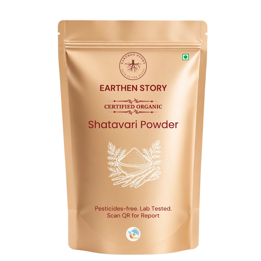 Earthen Story Certified Organic Shatavari Powder in kraft pouch with product illustration and QR code