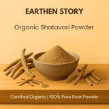 Earthen Story Organic Shatavari Powder in ceramic bowl with dried root pieces on wooden surface
