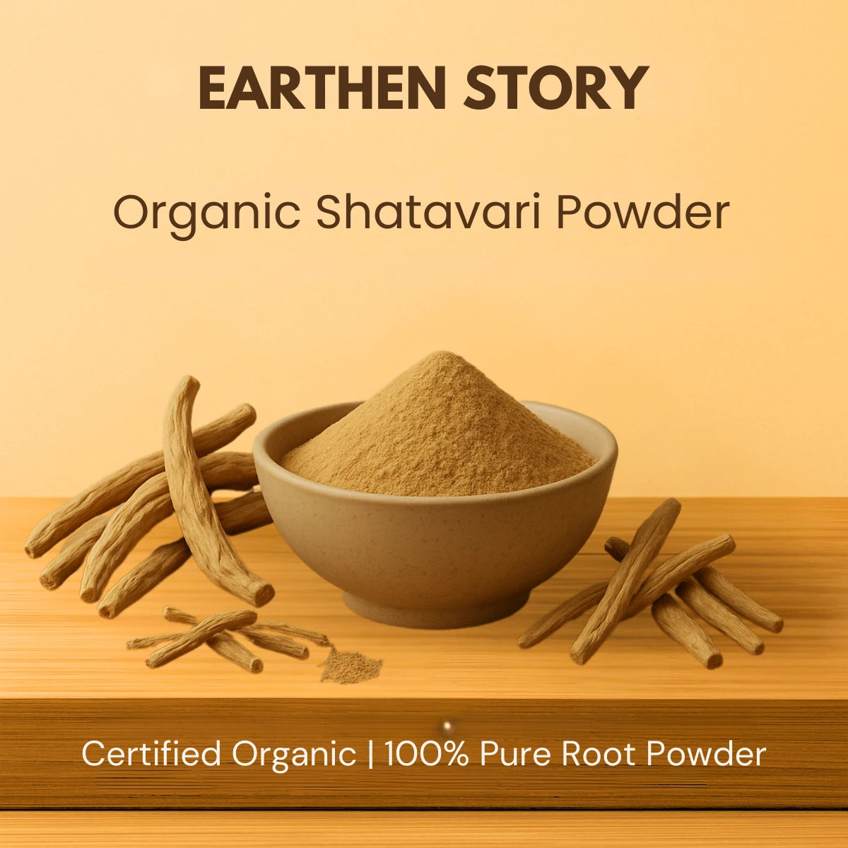 Earthen Story Organic Shatavari Powder in ceramic bowl with dried root pieces on wooden surface