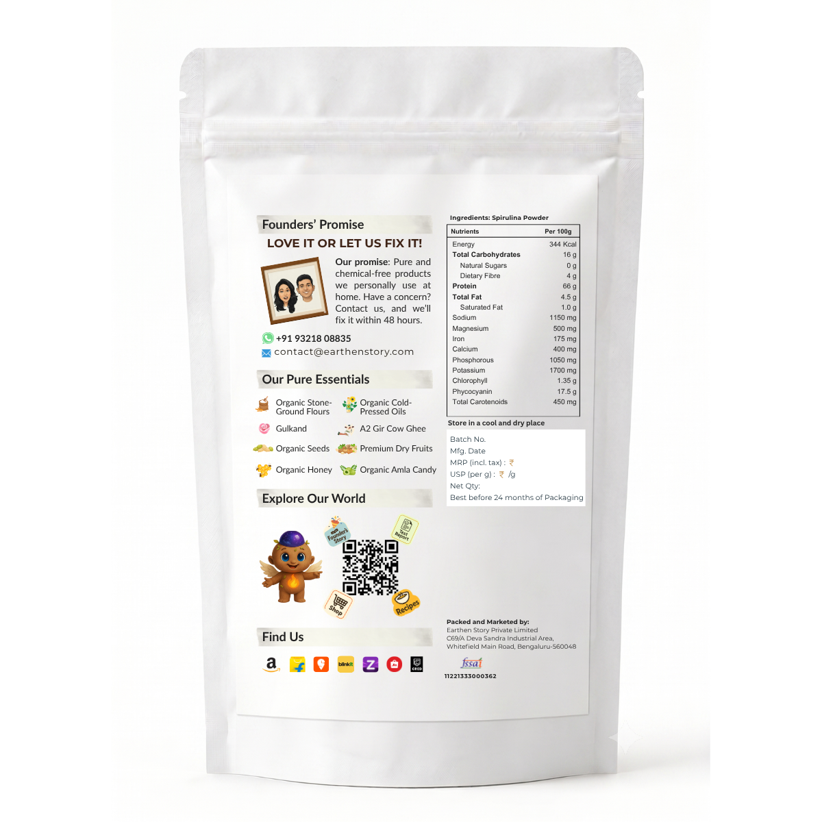 Earthen Story Organic Spirulina Powder 100g back label with nutrition and product details