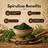 Spirulina Powder benefits showing plant based protein iron vitamin B12 and daily nutrition