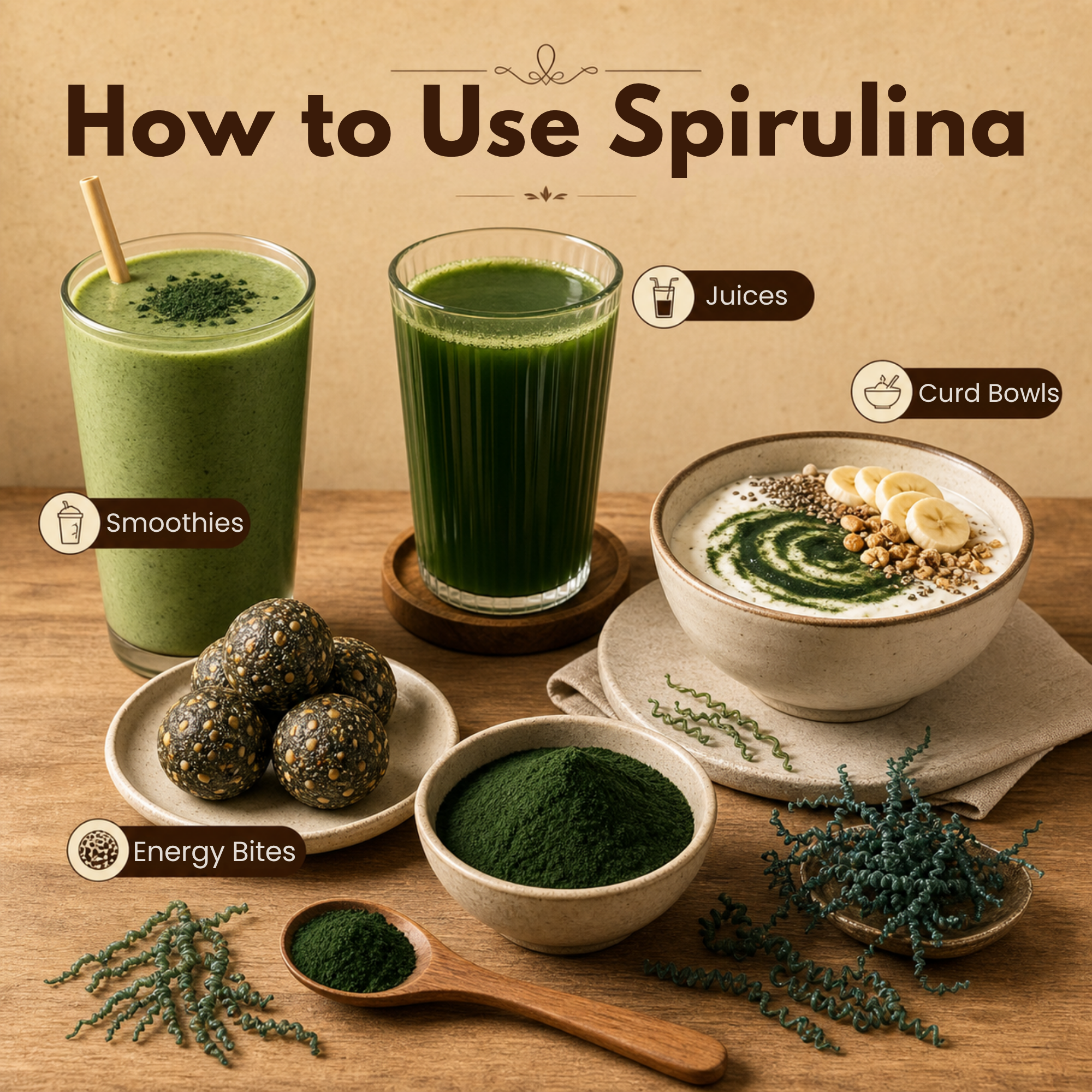 How to use Spirulina Powder in smoothies juices curd bowls energy bites and recipes