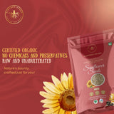 Earthen Story certified organic sunflower seeds pouch with sunflower graphic on red background