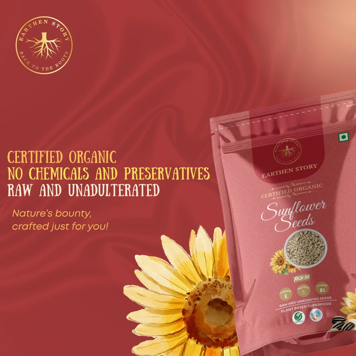 Earthen Story certified organic sunflower seeds pouch with sunflower graphic on red background