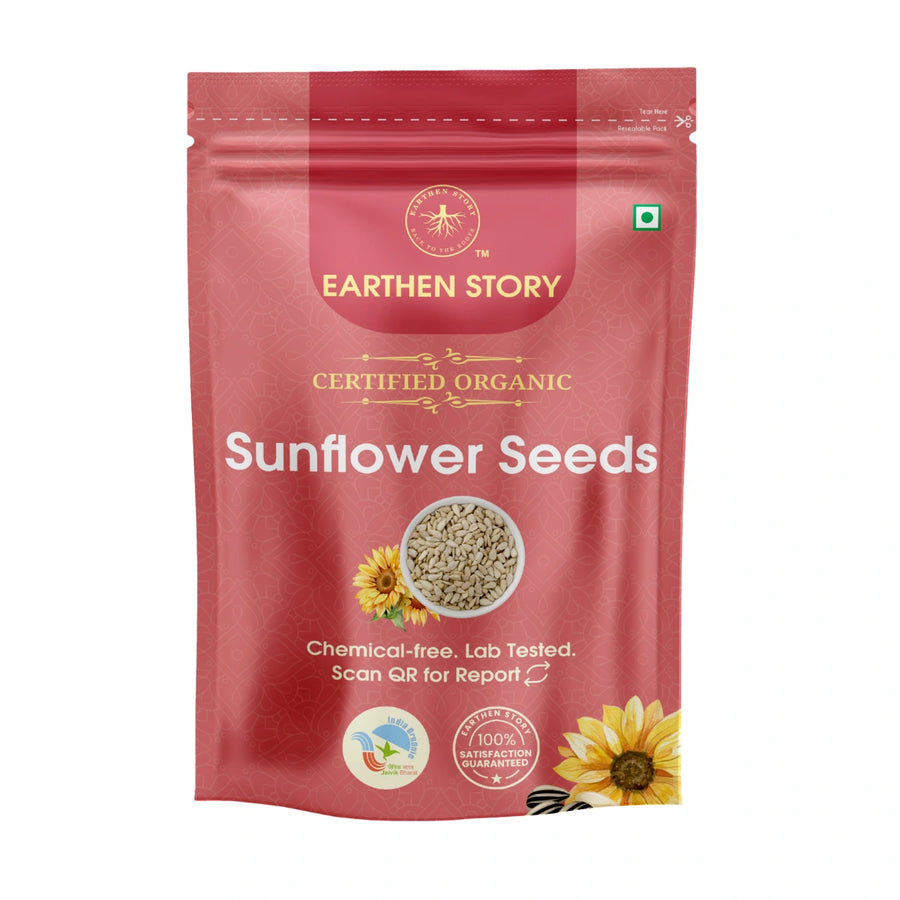 Earthen Story Certified Organic Sunflower Seeds in red resealable pouch with sunflower imagery