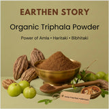 Earthen Story Organic Triphala Powder with amla, haritaki, and bibhitaki ingredients displayed in brass bowl