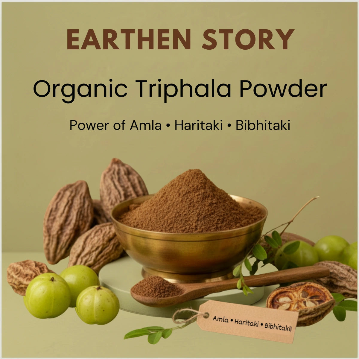 Earthen Story Organic Triphala Powder with amla, haritaki, and bibhitaki ingredients displayed in brass bowl