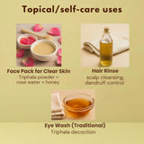 Triphala powder topical and self-care uses including face pack, hair rinse, and eye wash applications