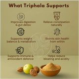 Triphala powder benefits infographic showing digestive support, constipation relief, metabolism, skin health, immunity, and bloating reduction