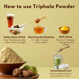 Triphala powder usage guide showing 4 preparation methods: detox drink, morning routine, ghee blend, and smoothie recipes