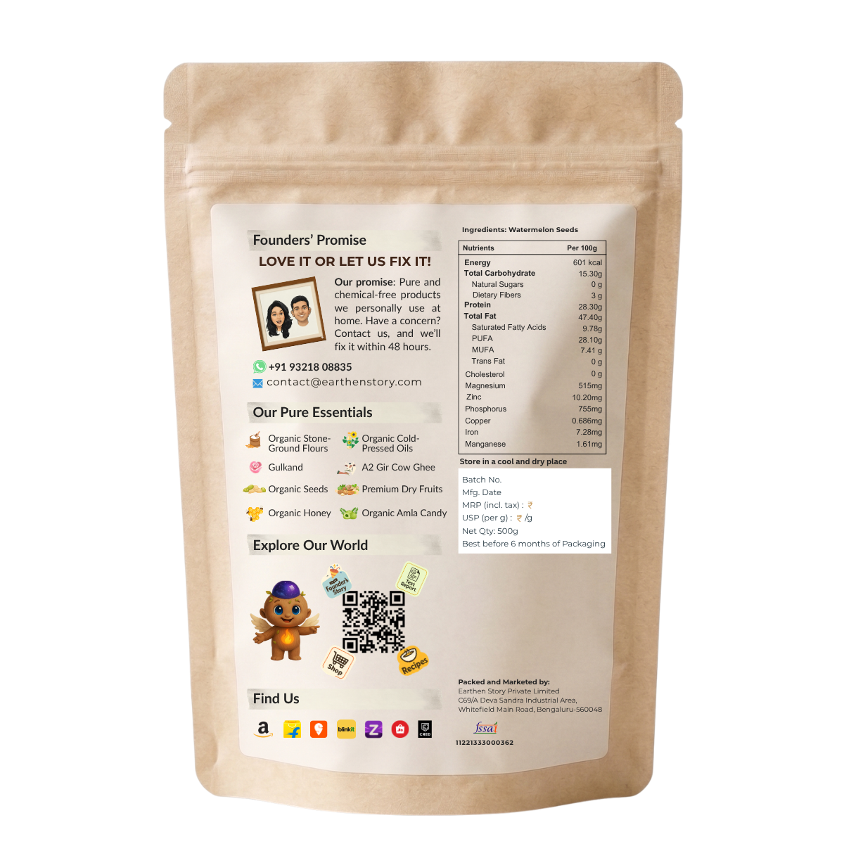 Earthen Story Watermelon Seeds 500g back label with nutrition and product details