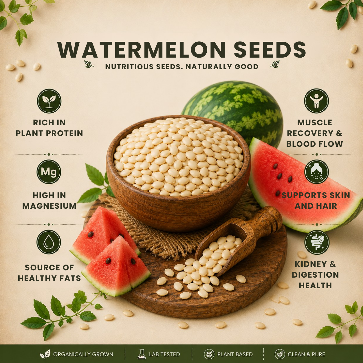 Watermelon Seeds benefits showing plant protein magnesium and healthy fats