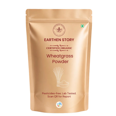 Earthen Story Certified Organic Wheatgrass Powder in kraft pouch with product illustration