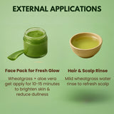 Wheatgrass powder external applications guide showing face pack and hair rinse recipes with aloe vera and natural ingredients